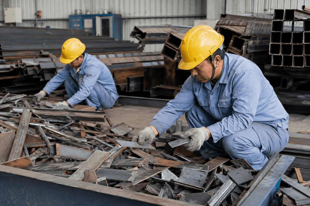 Công nhân phân loại vật tư kim loại và sắt thép dư tại nhà xưởng
